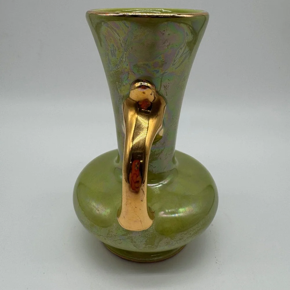 Vintage Pearl China Co Iridescent Green Lustre Vase 22k Gold USA 6x4.5
